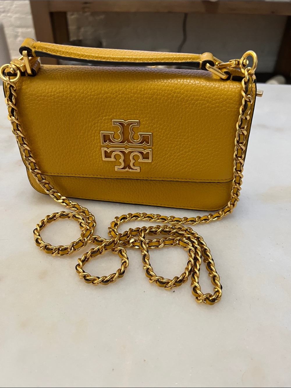 Tory Burch Mustard Pebbled Leather Chain Crossbody